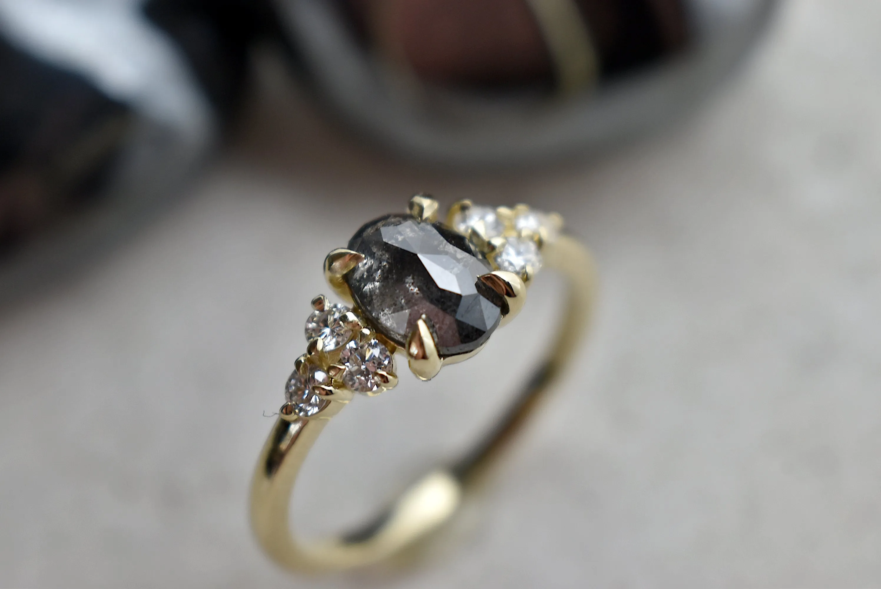 14k Gold .95ct Oval Rose Cut Salt & Pepper Diamond Ring