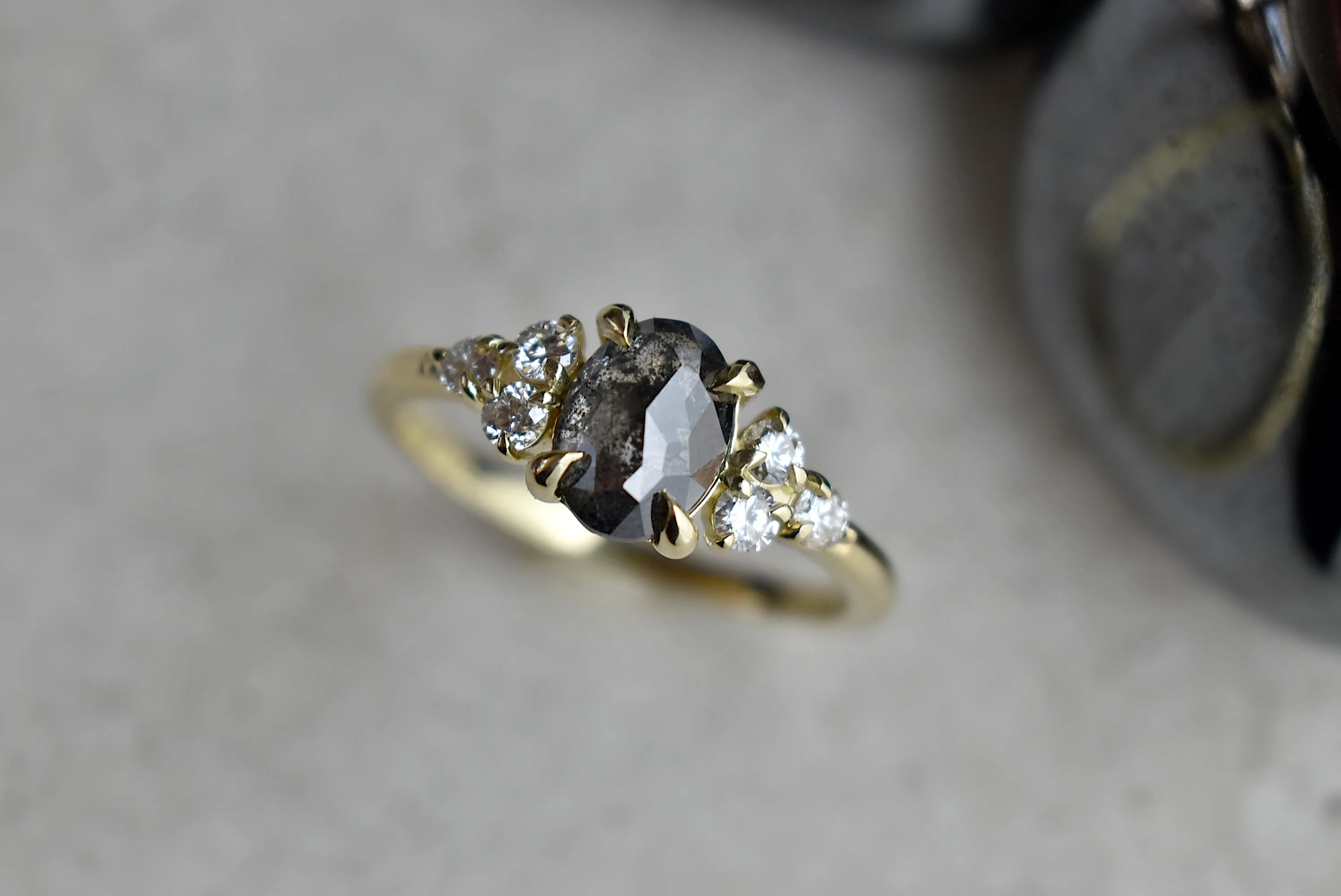 14k Gold .95ct Oval Rose Cut Salt & Pepper Diamond Ring