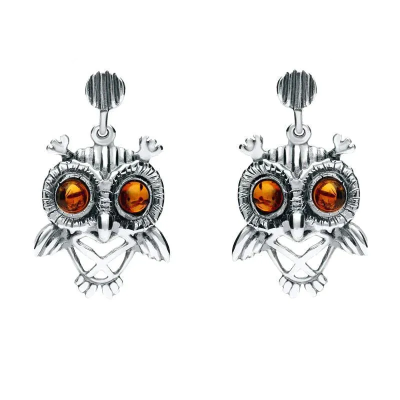18ct White Gold Amber Orange Owl Stud Earrings