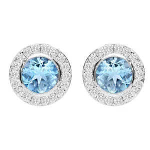 18ct White Gold Aquamarine Diamond Pave Round Stud Earrings