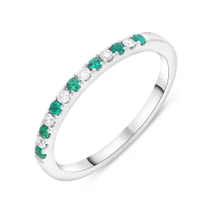 18ct White Gold Emerald Diamond Castle Set Half Eternity Ring