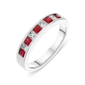 18ct White Gold Princess Cut 0.30ct Diamond Ruby Half Eternity Ring