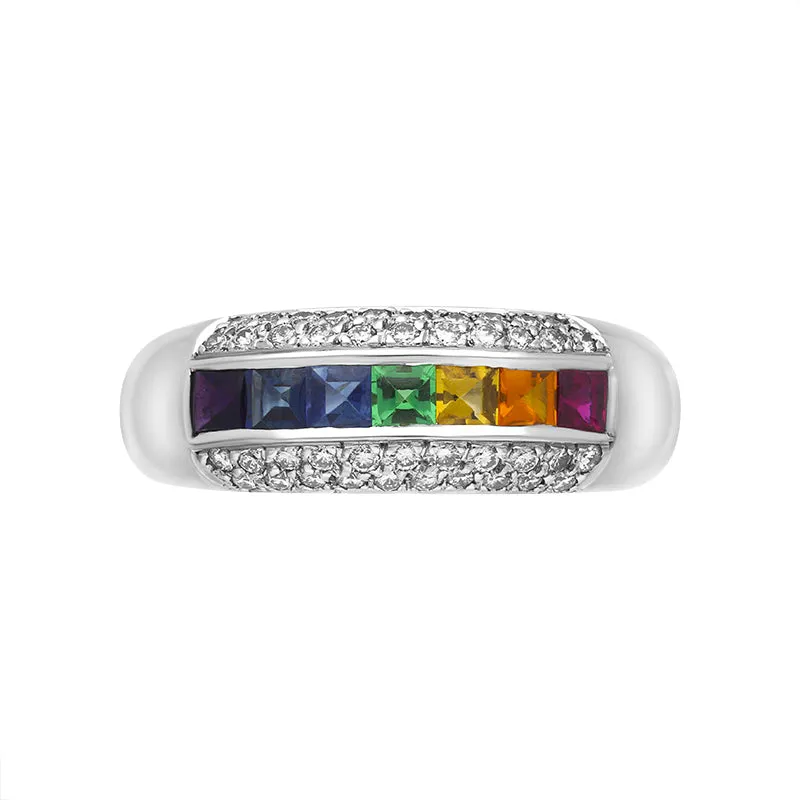 18ct White Gold Rainbow Mixed Stone Diamond Ring D