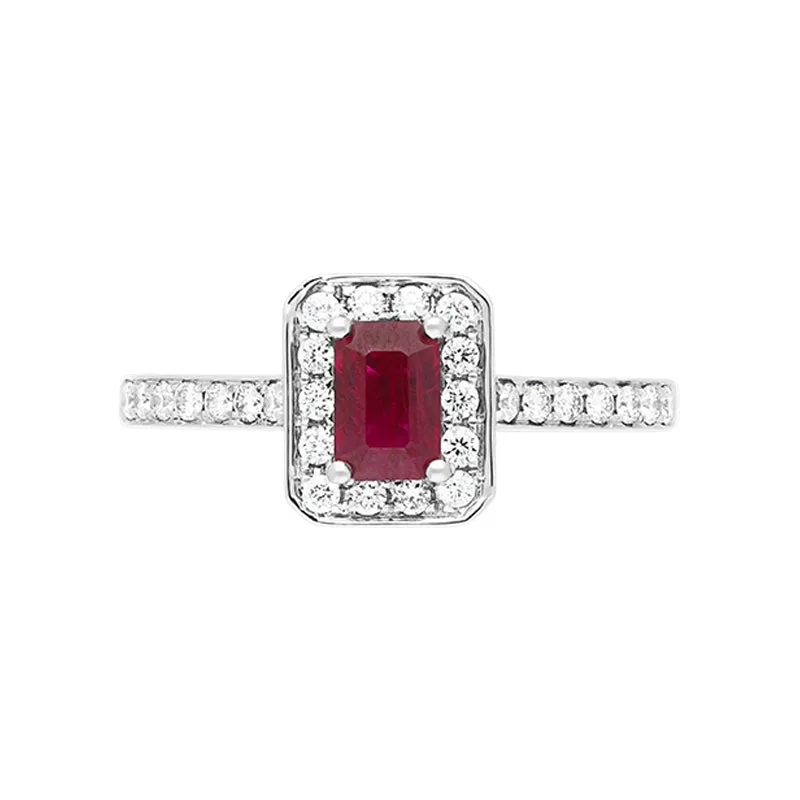 18ct White Gold Ruby Diamond Emerald Cut Shoulder Set Cluster Ring