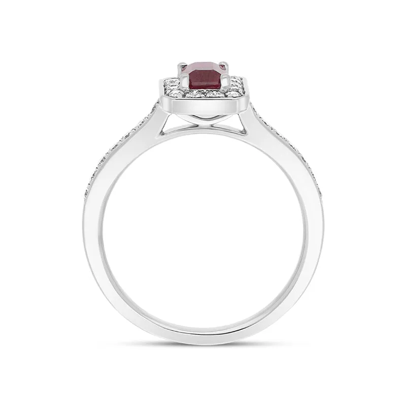 18ct White Gold Ruby Diamond Emerald Cut Shoulder Set Cluster Ring