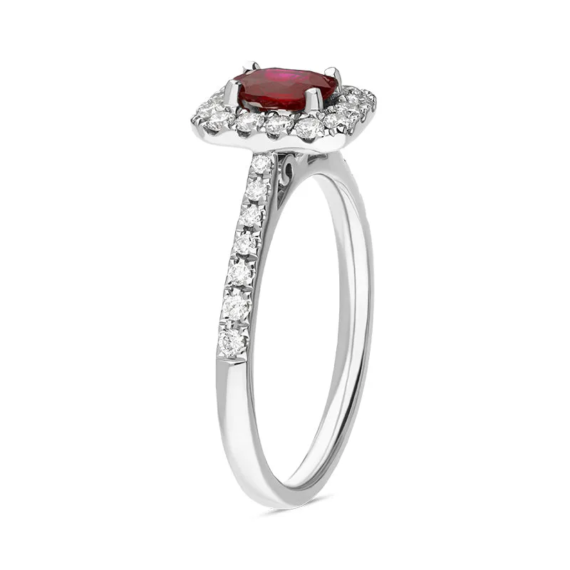 18ct White Gold Ruby Diamond Oval Cut Vintage Style Cluster Ring