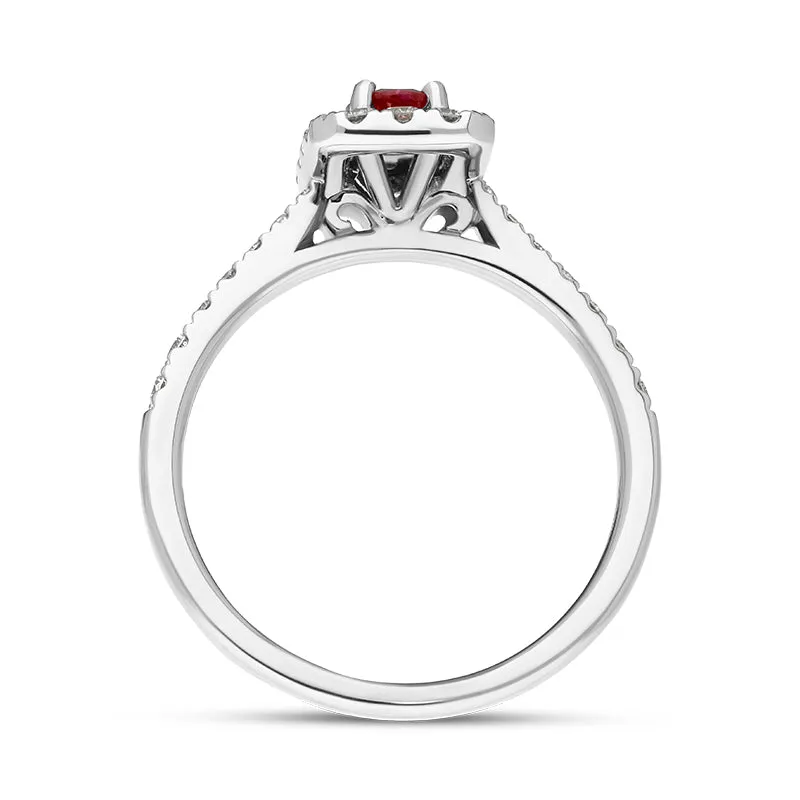 18ct White Gold Ruby Diamond Oval Cut Vintage Style Cluster Ring