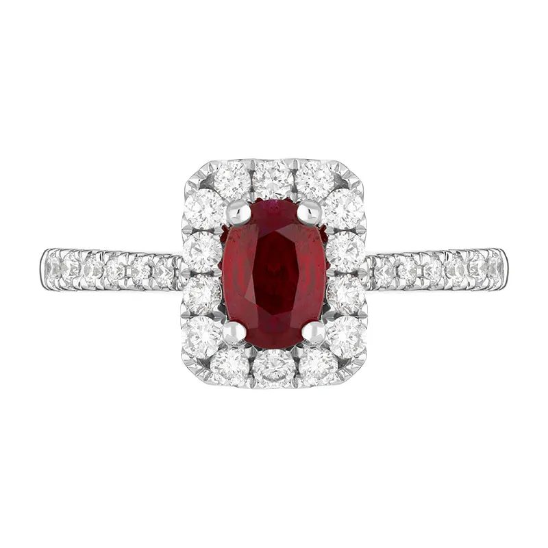 18ct White Gold Ruby Diamond Oval Cut Vintage Style Cluster Ring