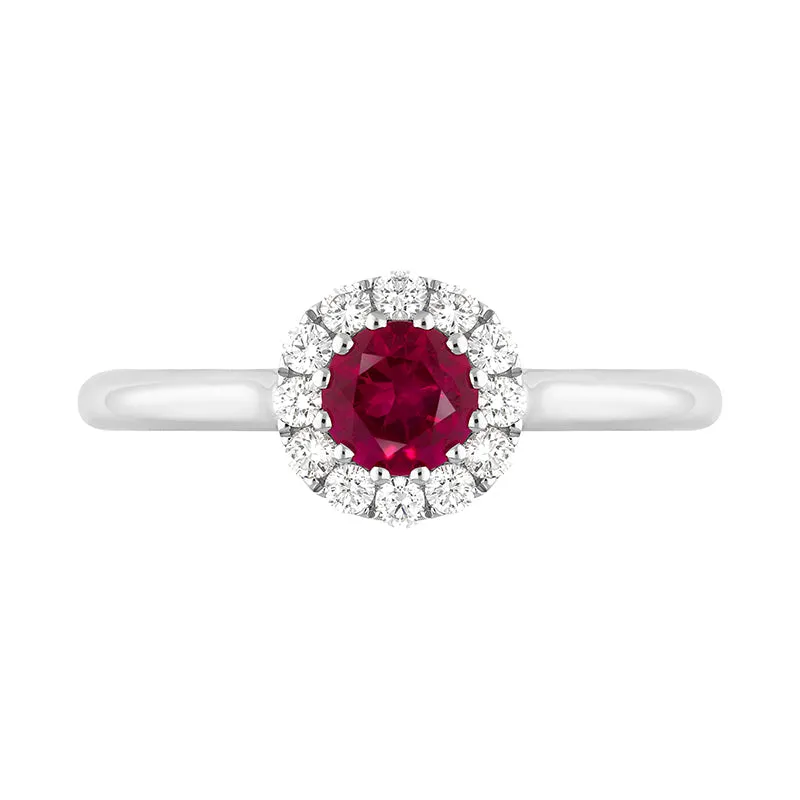 18ct White Gold Ruby Diamond Round Halo Ring