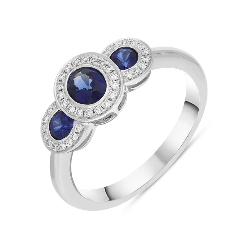 18ct White Gold Sapphire Diamond Oval Cut Three Stone Cluster Ring