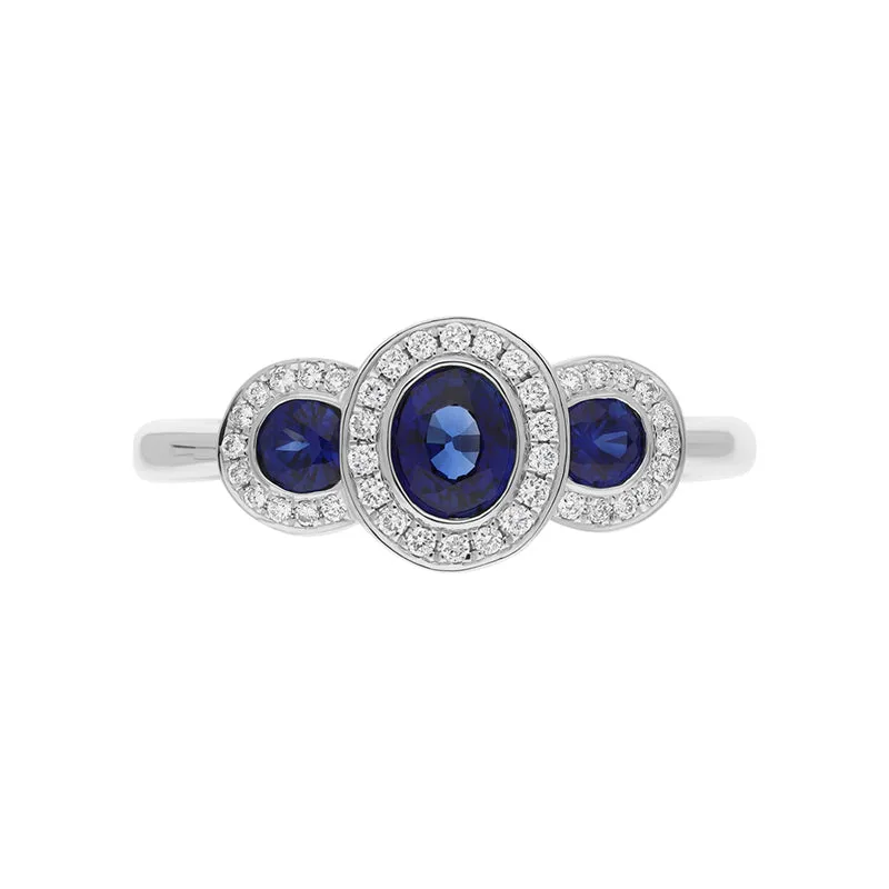 18ct White Gold Sapphire Diamond Oval Cut Three Stone Cluster Ring