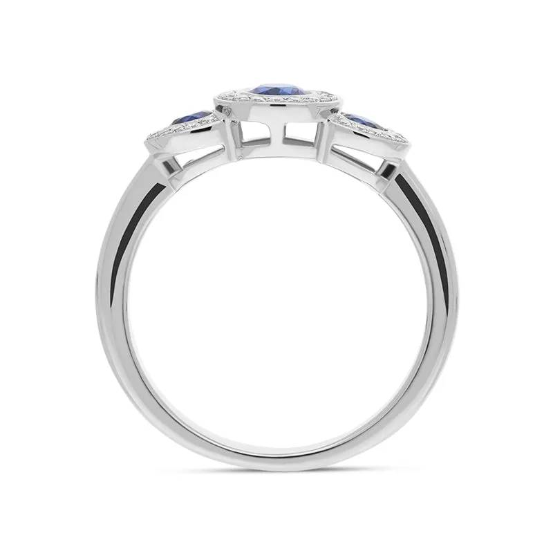 18ct White Gold Sapphire Diamond Oval Cut Three Stone Cluster Ring