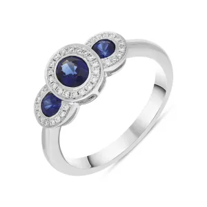 18ct White Gold Sapphire Diamond Oval Cut Three Stone Cluster Ring