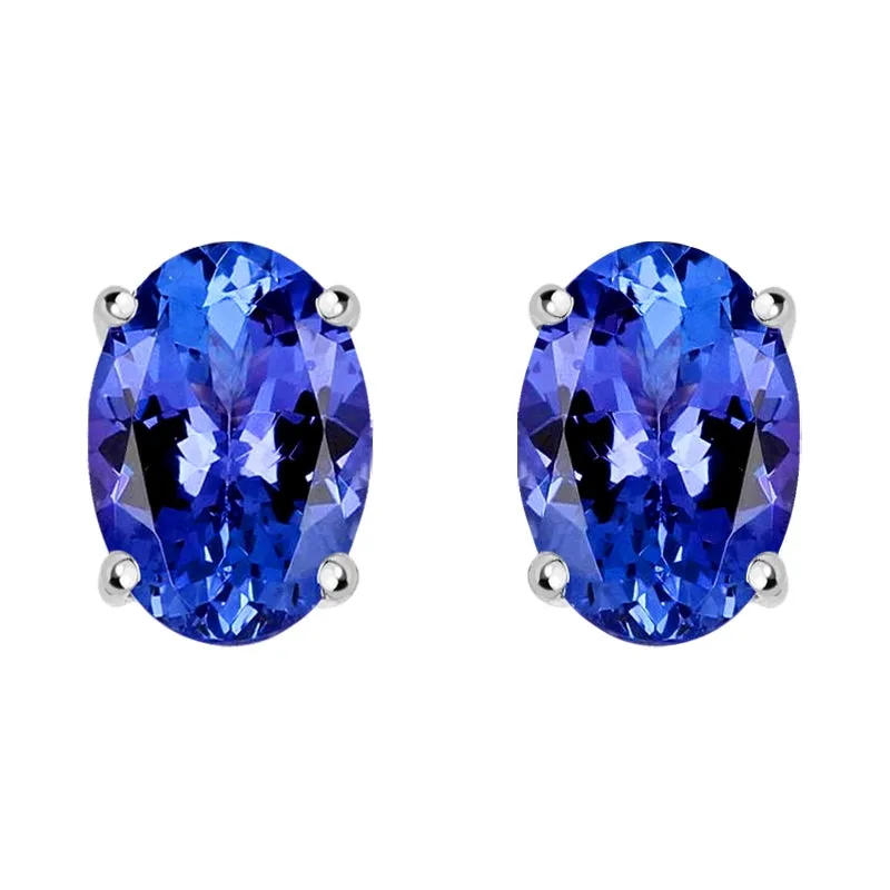 18ct White Gold Tanzanite 6x4mm Oval Claw Set Stud Earrings