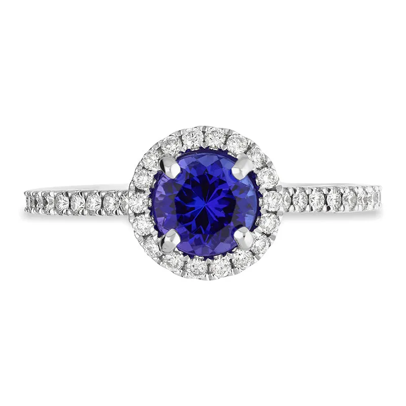 18ct White Gold Tanzanite Diamond Shoulder Set Round Cluster Ring