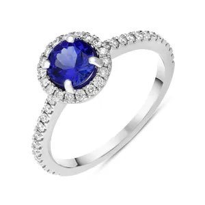 18ct White Gold Tanzanite Diamond Shoulder Set Round Cluster Ring