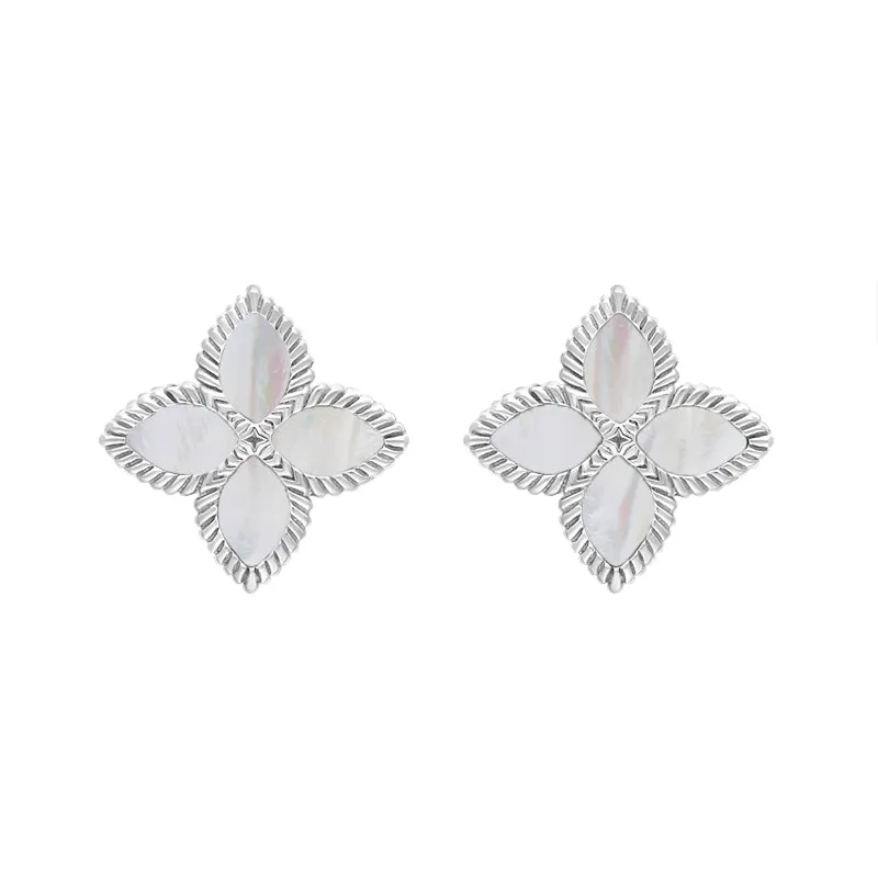 18ct White Gold White Mother of Pearl Eden Marquise Flower Stud Earrings