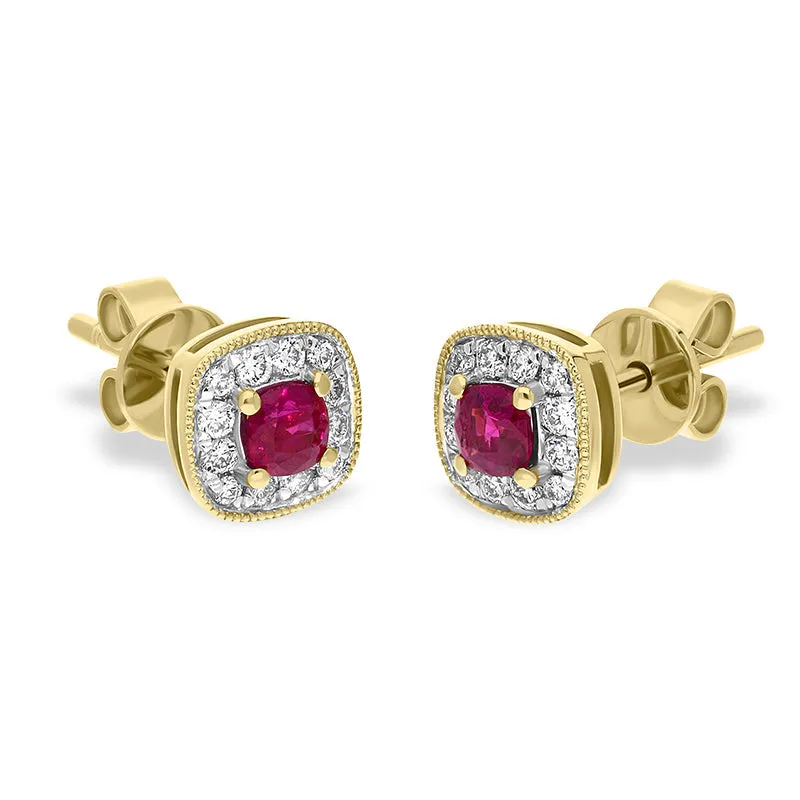 18ct Yellow Gold 0.33ct Ruby Diamond Cushion Stud Earrings