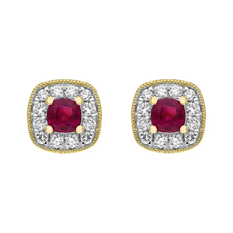 18ct Yellow Gold 0.33ct Ruby Diamond Cushion Stud Earrings
