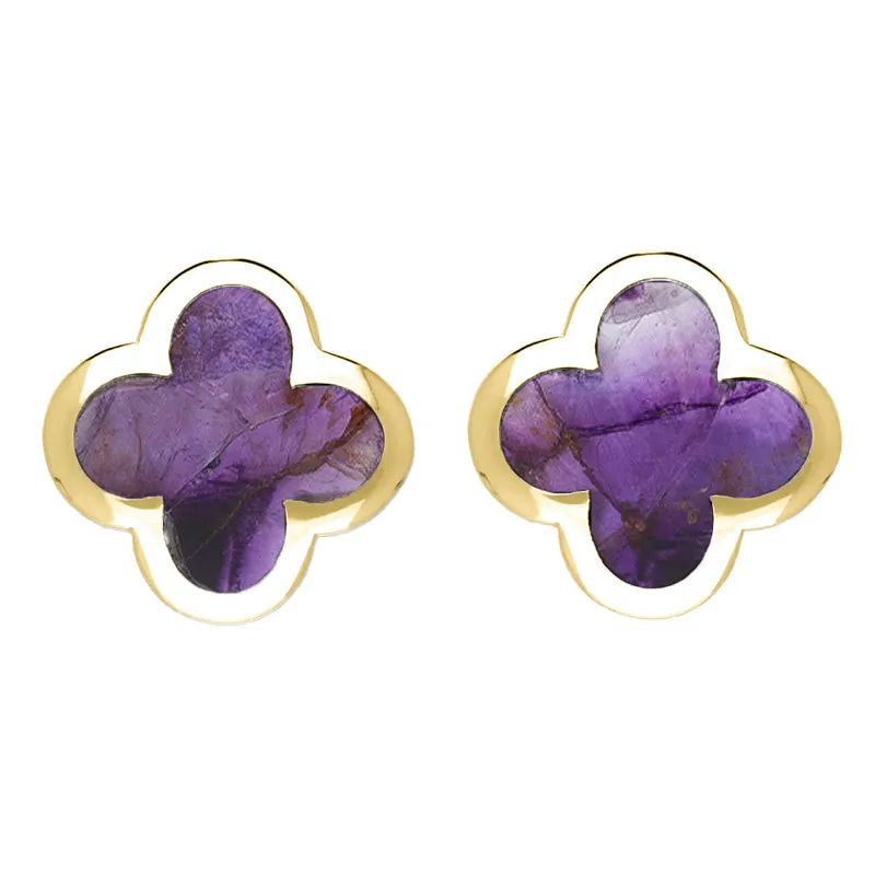 18ct Yellow Gold Blue John bloom Four Leaf Clover Stud Earrings