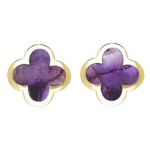 18ct Yellow Gold Blue John bloom Four Leaf Clover Stud Earrings