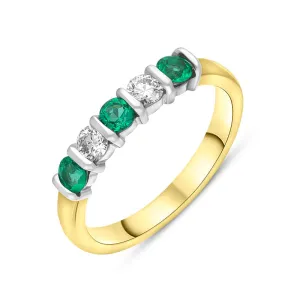 18ct Yellow Gold Emerald Diamond Bar Set Half Eternity Ring