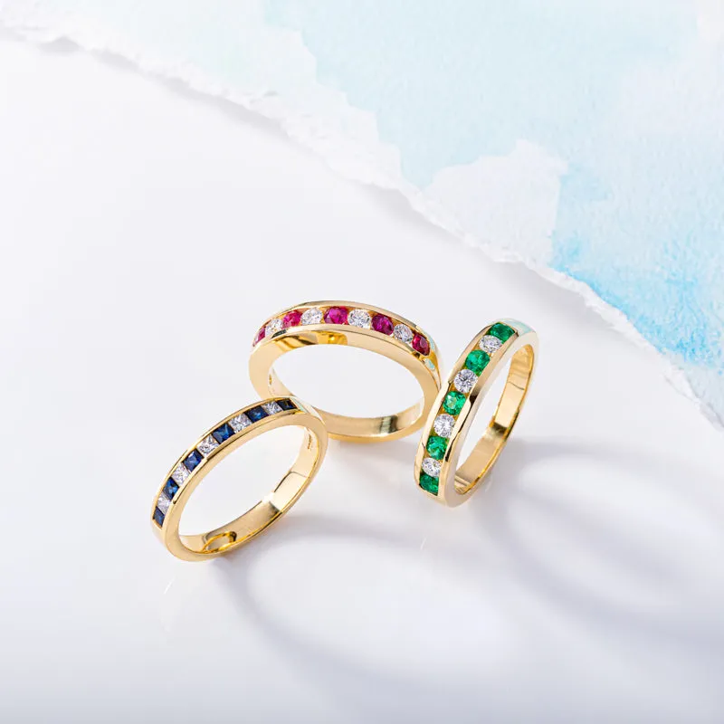 18ct Yellow Gold Emerald Diamond Nine Stone Channel Set Half Eternity Ring