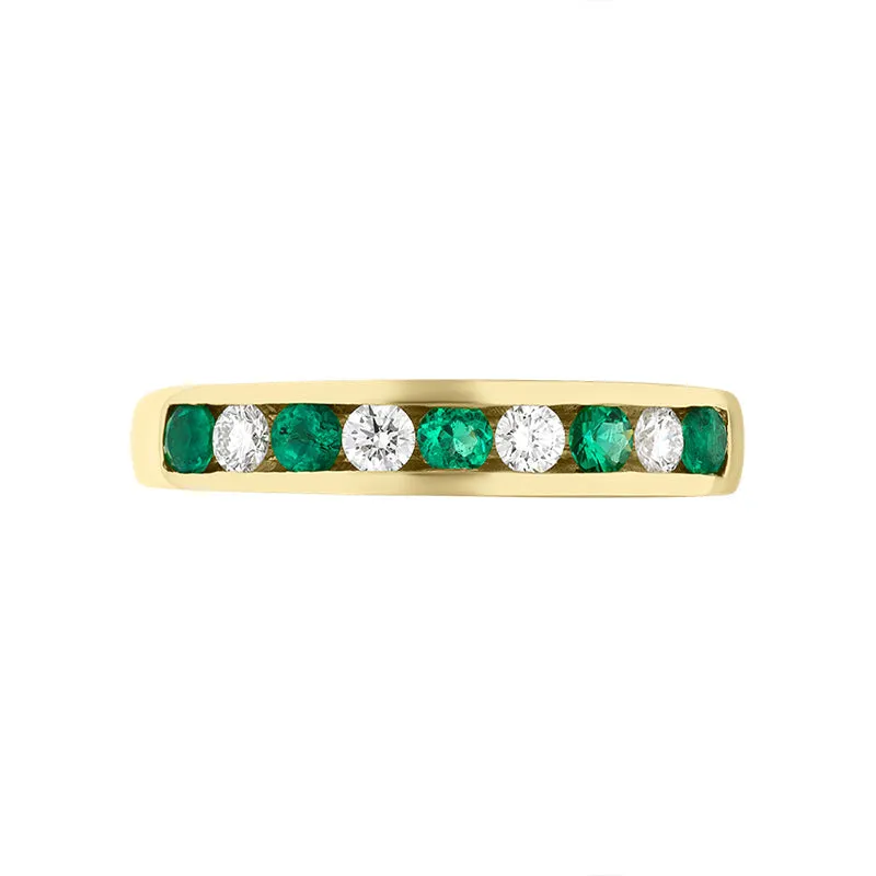 18ct Yellow Gold Emerald Diamond Nine Stone Channel Set Half Eternity Ring