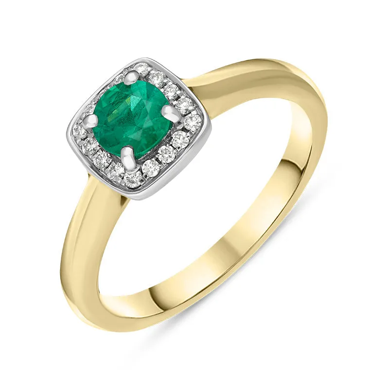 18ct Yellow Gold Emerald Diamond Pave Vintage Style Cushion Cluster Ring