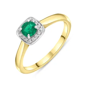 18ct Yellow Gold Emerald Diamond Pave Vintage Style Cushion Cluster Ring