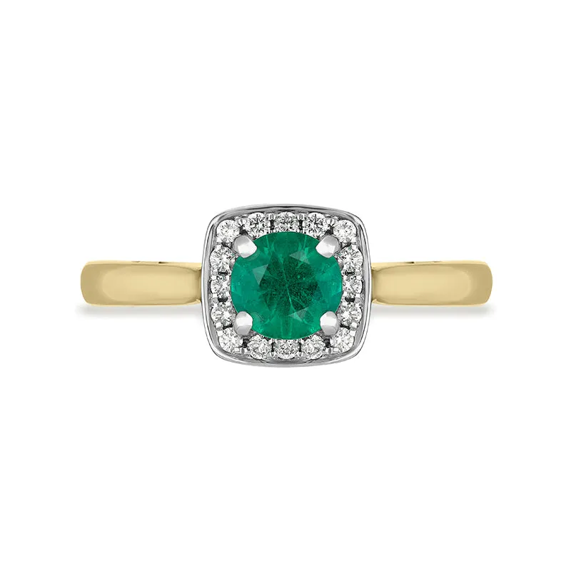 18ct Yellow Gold Emerald Diamond Pave Vintage Style Cushion Cluster Ring