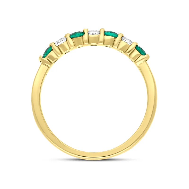18ct Yellow Gold Emerald Diamond Seven Stone Bar Set Half Eternity Ring