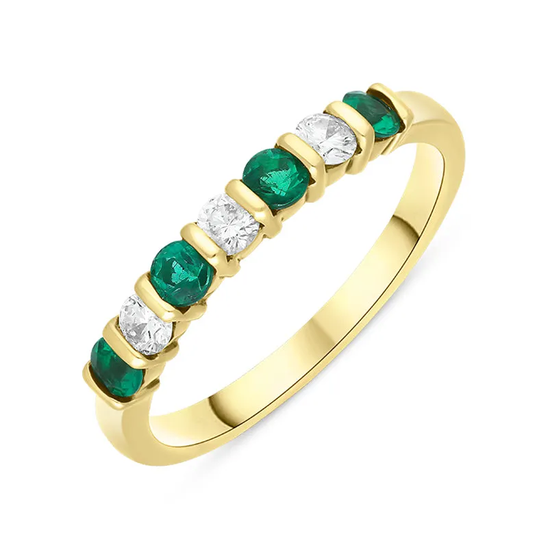 18ct Yellow Gold Emerald Diamond Seven Stone Bar Set Half Eternity Ring