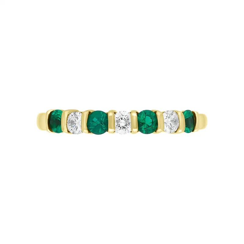 18ct Yellow Gold Emerald Diamond Seven Stone Bar Set Half Eternity Ring
