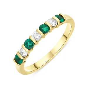 18ct Yellow Gold Emerald Diamond Seven Stone Bar Set Half Eternity Ring