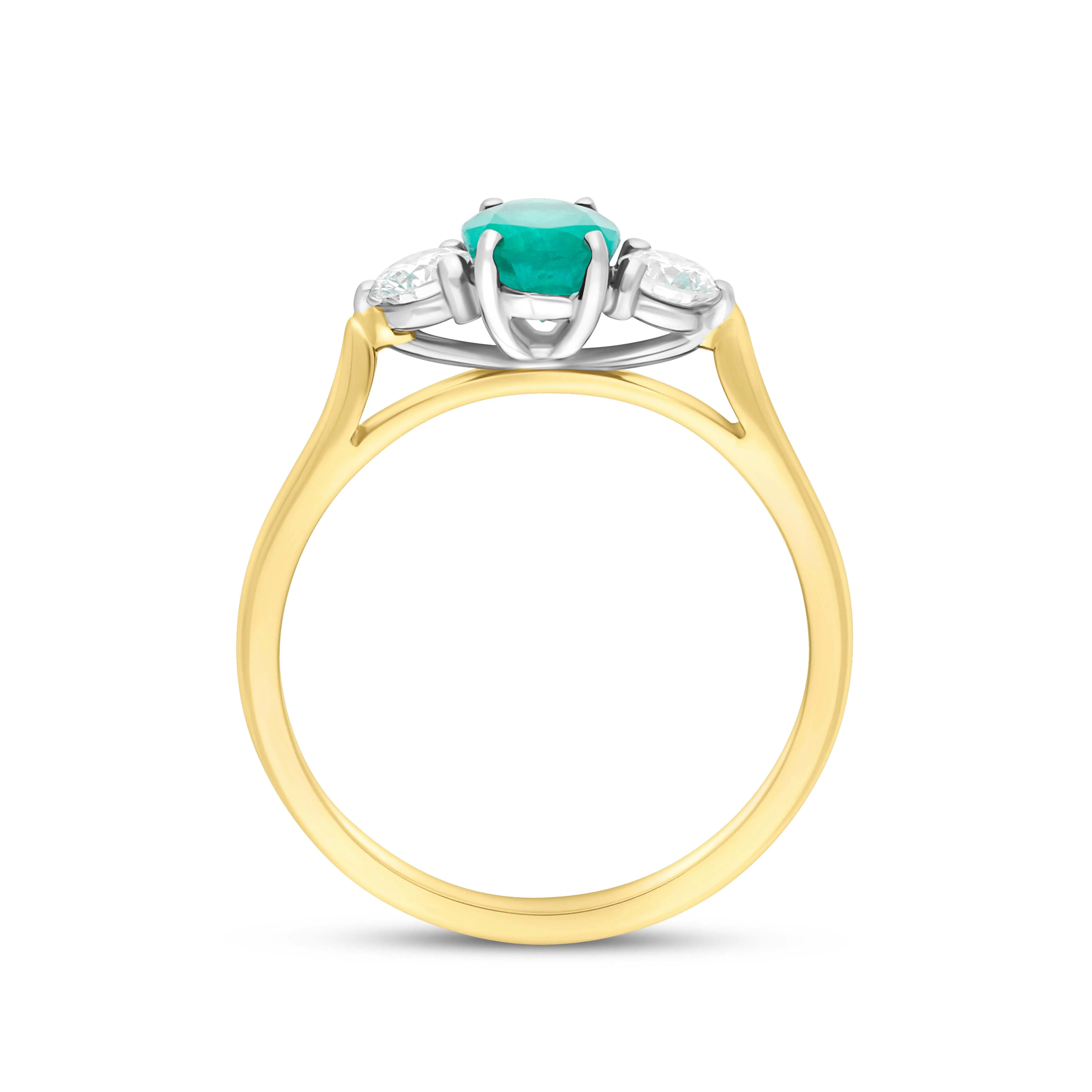 18ct Yellow Gold Emerald Diamond Three Stone Ring