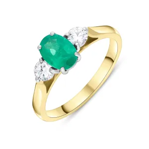 18ct Yellow Gold Emerald Diamond Three Stone Ring