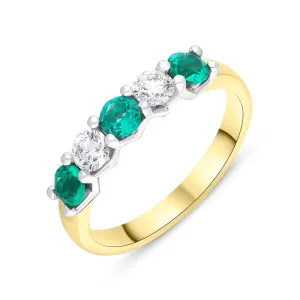 18ct Yellow Gold Platinum Emerald Diamond Five Stone Half Eternity Ring