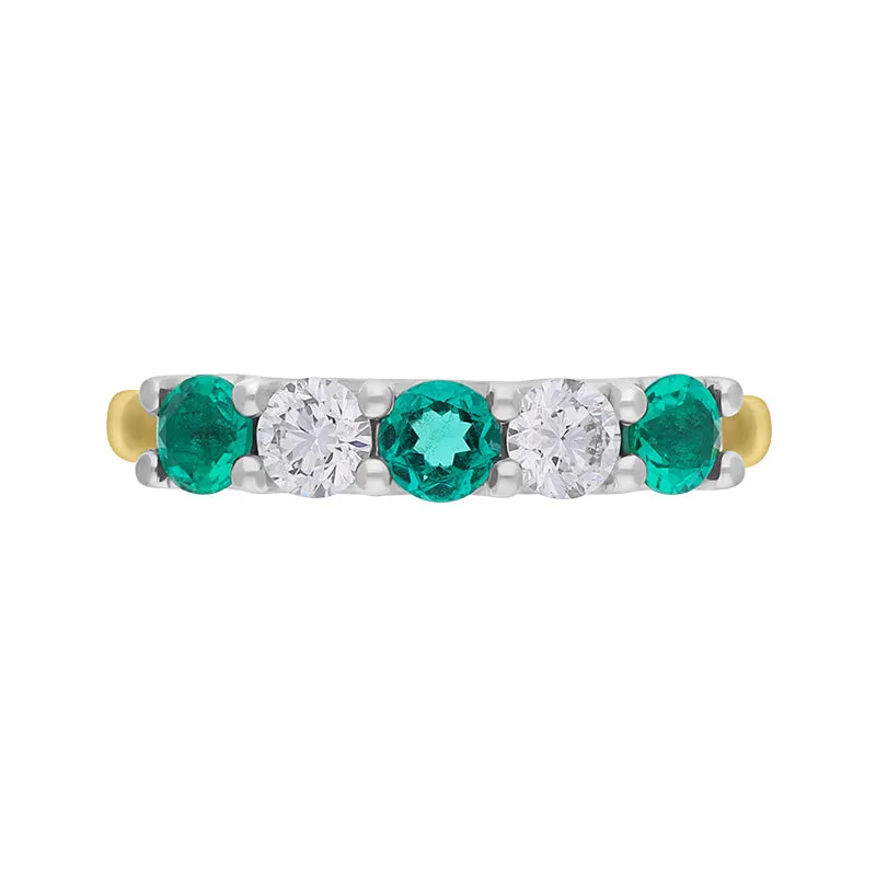18ct Yellow Gold Platinum Emerald Diamond Five Stone Half Eternity Ring