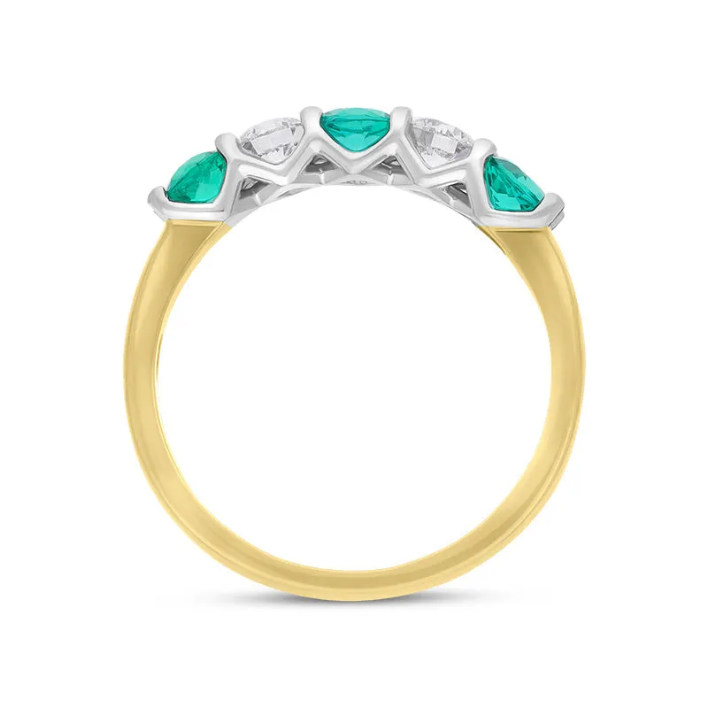 18ct Yellow Gold Platinum Emerald Diamond Five Stone Half Eternity Ring