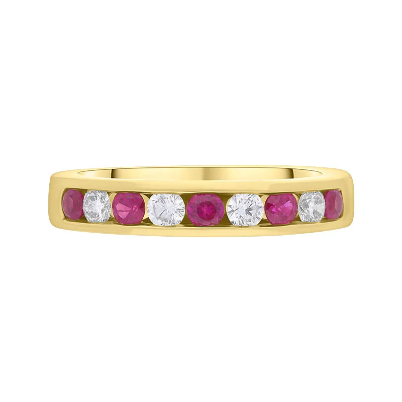 18ct Yellow Gold Ruby Diamond Channel Set Half Eternity Ring