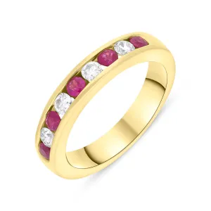 18ct Yellow Gold Ruby Diamond Channel Set Half Eternity Ring