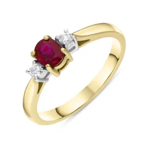 18ct Yellow Gold Ruby Diamond Oval Cut Three Stone Ring