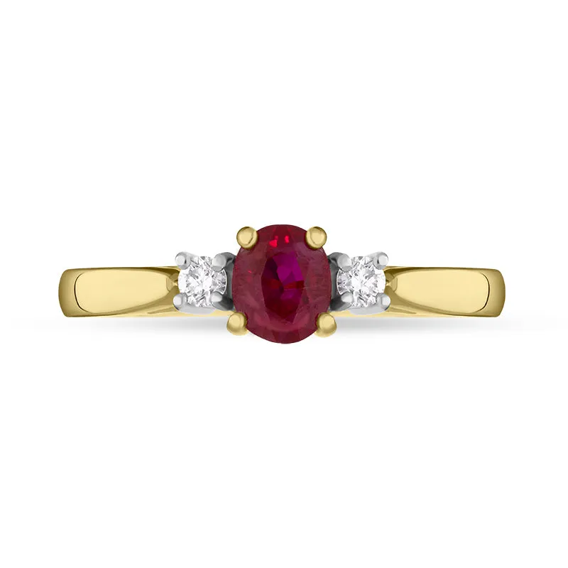 18ct Yellow Gold Ruby Diamond Oval Cut Three Stone Ring