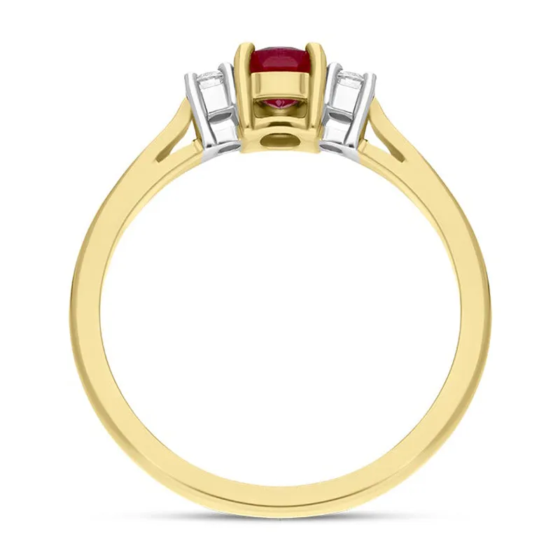 18ct Yellow Gold Ruby Diamond Oval Cut Three Stone Ring