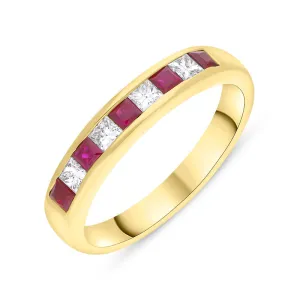18ct Yellow Gold Ruby Diamond Princess Cut Channel Set Eternity Ring