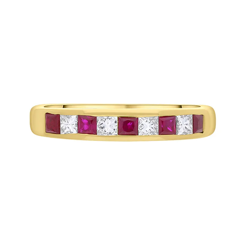 18ct Yellow Gold Ruby Diamond Princess Cut Channel Set Eternity Ring