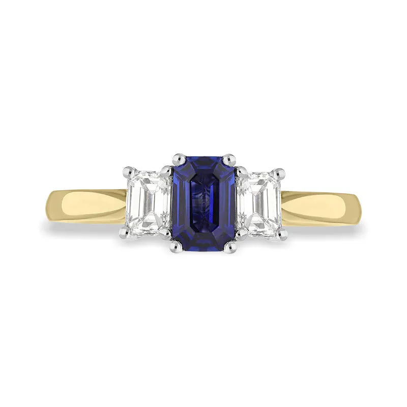 18ct Yellow Gold Sapphire Diamond Emerald Cut Three Stone Ring