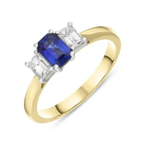 18ct Yellow Gold Sapphire Diamond Emerald Cut Three Stone Ring