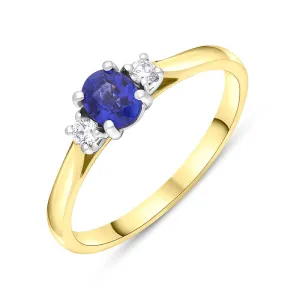 18ct Yellow Gold Sapphire Diamond Oval Cut Three Stone Ring